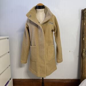 Columbia Womens Long Sherpa Fleece Snap Front Jacket Tan Size Small